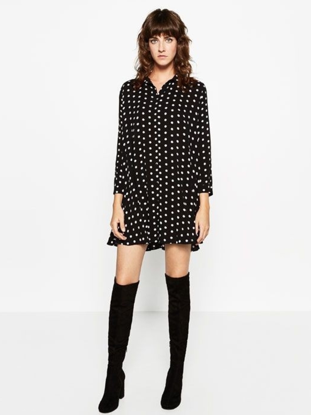 Zara Premium Woman Black White Polka Dot Shirt Dress Mini Swing Dress Size M
